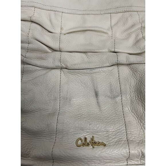 Cole Haan Ruched Cream Genuine Leather Hobo Shoulder Bag Gold accents Zipper - Picture 8 of 14